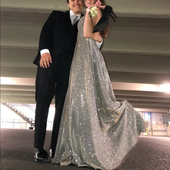 green emerald velvet dress Zapaka Women Sparkly Silver Mirror Prom Dress with Slit A-Line V-Neck Party Dress, Golden / US8 main image 1